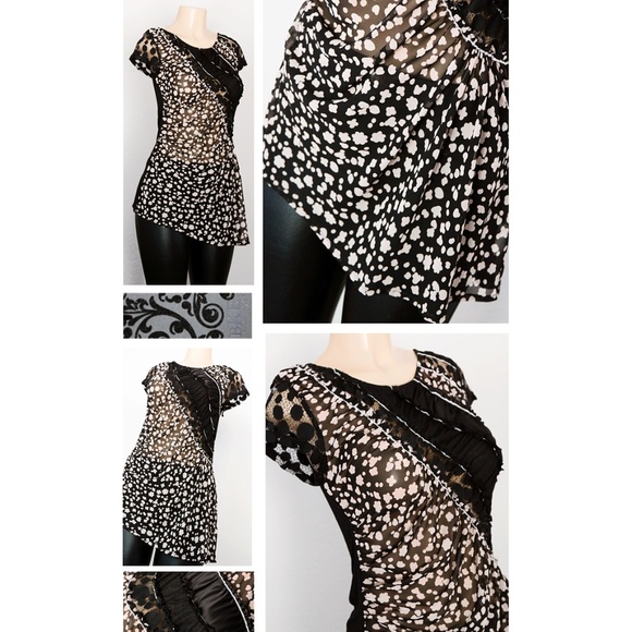 Black Taupe Mix Media Lace Asymmetric Tunic Top - Picture 6 of 8